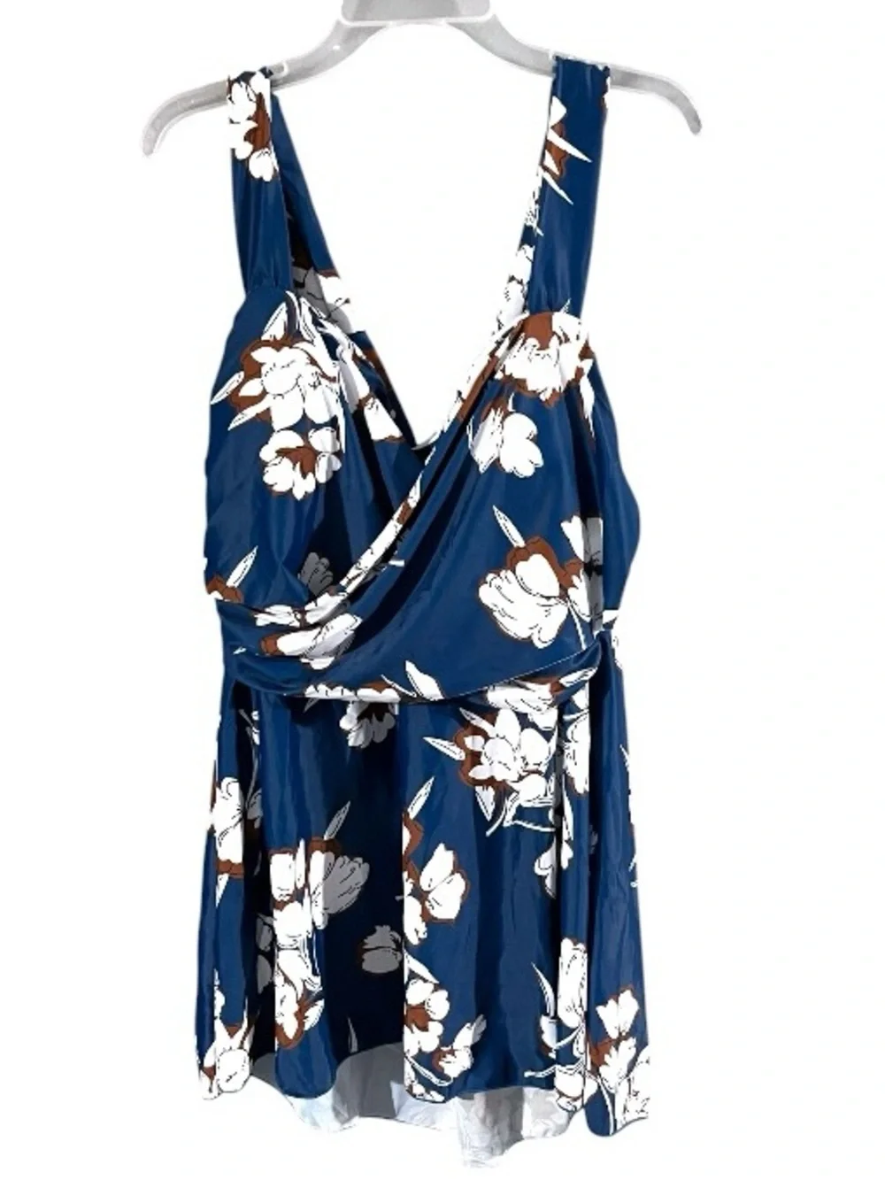 Rosegal Navy Blue Floral Swim Top with White and Brown Flowers